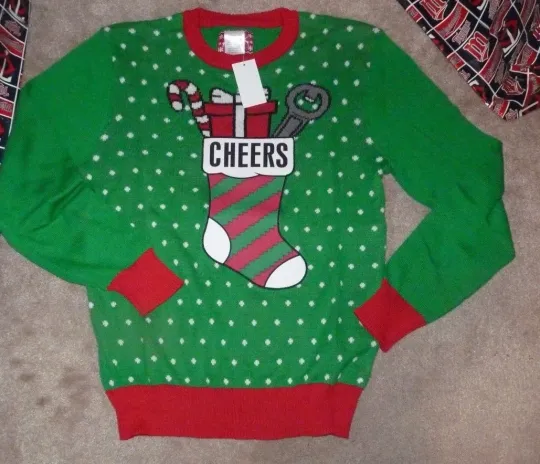 Discover NEW UGLY Christmas Stocking XMAS Holiday Sweater Men L Large Cheers Bottle A445