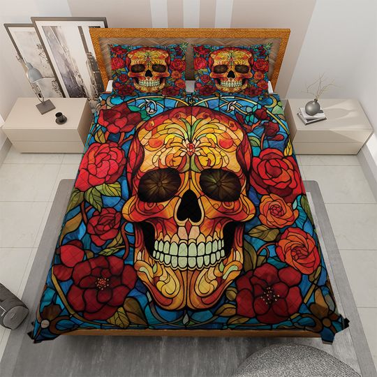 Discover Vintage Sugar Skull Quilt Bedding Set: Roses Halloween Blanket
