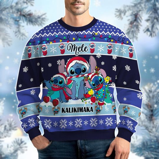 Discover Stitch Ugly Christmas Sweater, Cute Stitchmas Sweater, Santa Hat Lights Shirt