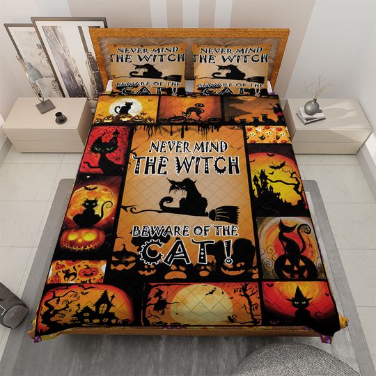 Discover Vintage Halloween Quilt Bedding Set: Black Cat Witch Decor