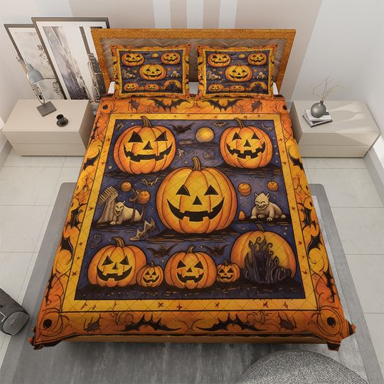 Discover Vintage Halloween Quilt Bedding Set: Retro Pumpkin Decor