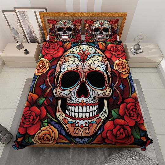 Discover Sugar Skull Halloween Quilt Bedding Set: Vintage Rose Skull Spooky Decor