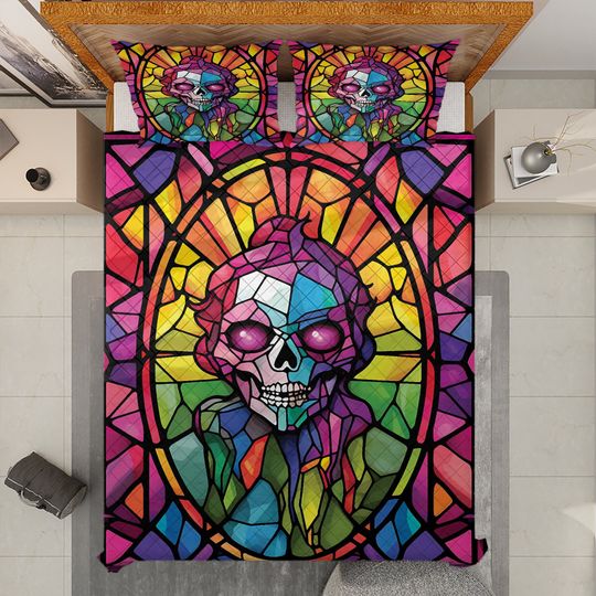 Vintage Rainbow Sugar Skull Quilt Bedding Set: Halloween Decor