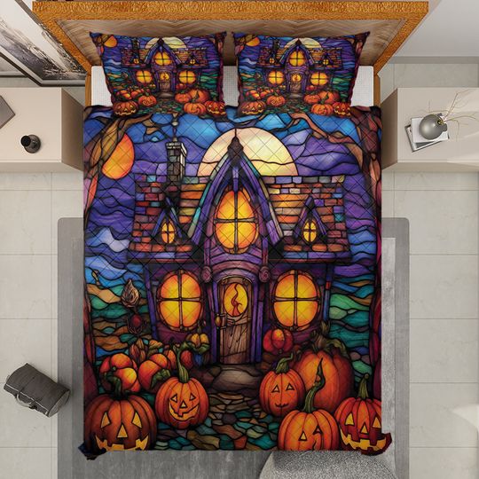 Vintage Halloween Quilt Bedding Set: Retro Haunted House & Pumpkins