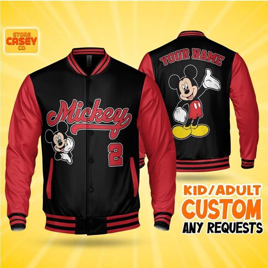 Discover Custom Mickey Baseball Jacket Black, Personalized Name&Number Varsity Jacket, Disneyland Shirt, Family Matching Oufit, Disney Trip 2025