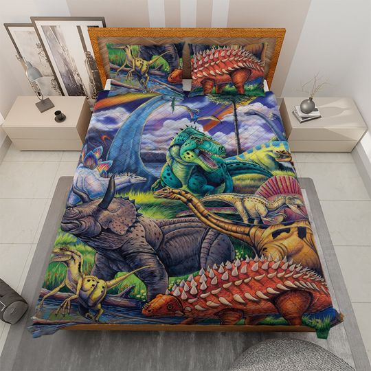 Discover Retro Dinosaurs Quilt Bedding Set: Vintage Jurassic Blanket