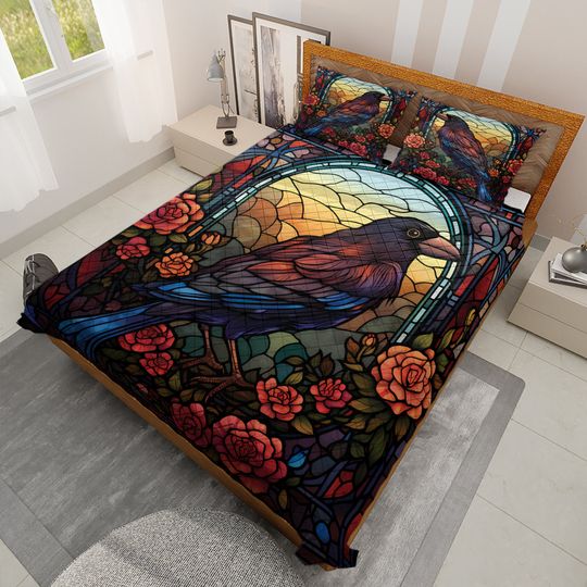 Floral Gothic Raven Quilt Bedding Set: Vintage Bird Blanket