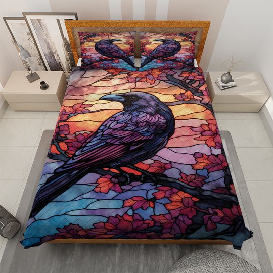 Vintage Gothic Raven Quilt Bedding Set: Floral Bird Blanket
