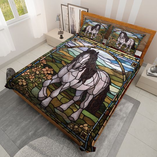 Discover Vintage Horse Quilt Bedding Set: Retro Floral Farmyard Blanket