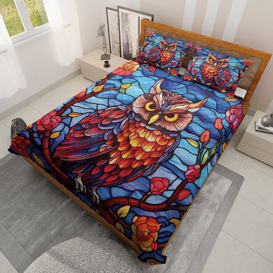 Discover Vintage Floral Owl Quilt Bedding Set: Wildlife Flowers Blanket