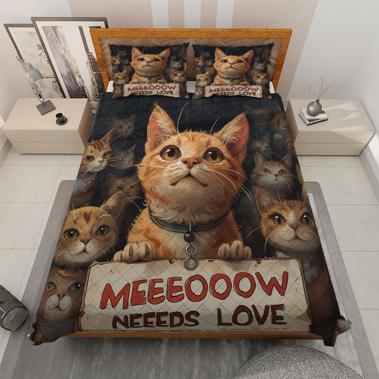 Cute Cat Meow Need Love Quilt Bedding Set, Awesome Kitty Quilt Blanket