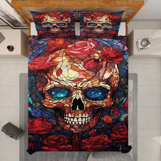 Vintage Floral Sugar Skull Quilt Bedding Set: Retro Halloween Decor