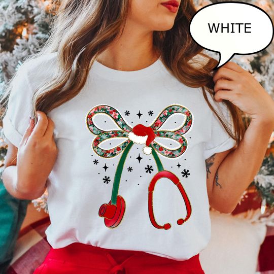 Discover Christmas Stethoscope Bow T-Shirt for Nurses
