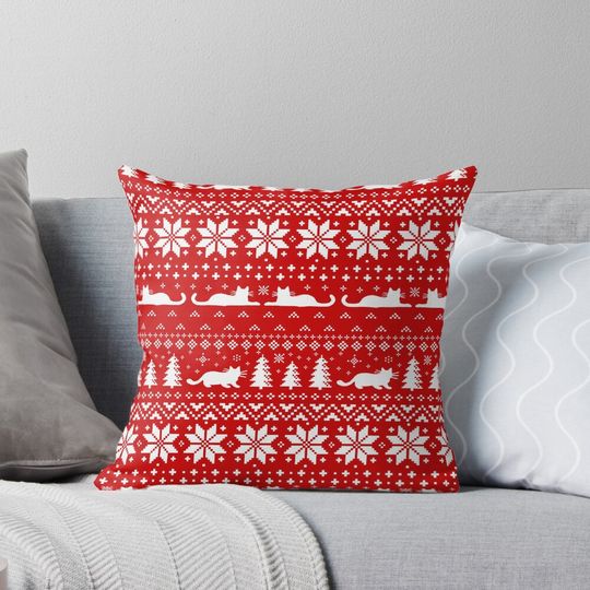 Cat Lover's Red and White Christmas Holiday Pattern Pillow