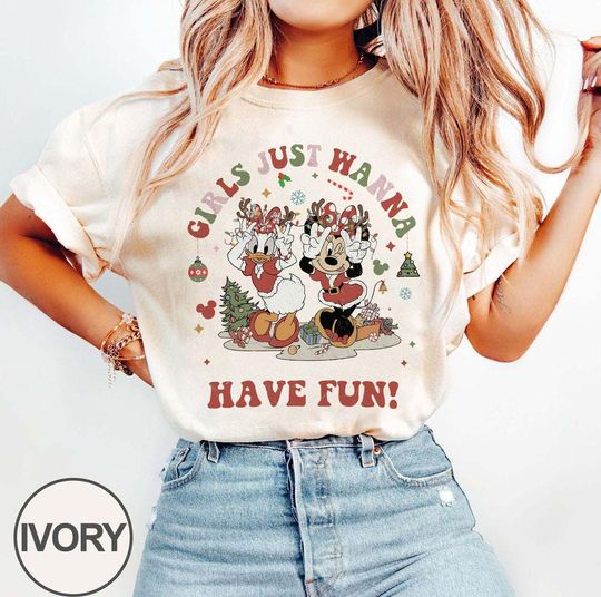 Discover Disney Minnie Daisy Christmas Shirt, Girl Just Wanna Have Fun, Retro Disneyland Christmas Family Tee, Mickey Very Merry Christmas Party 2025