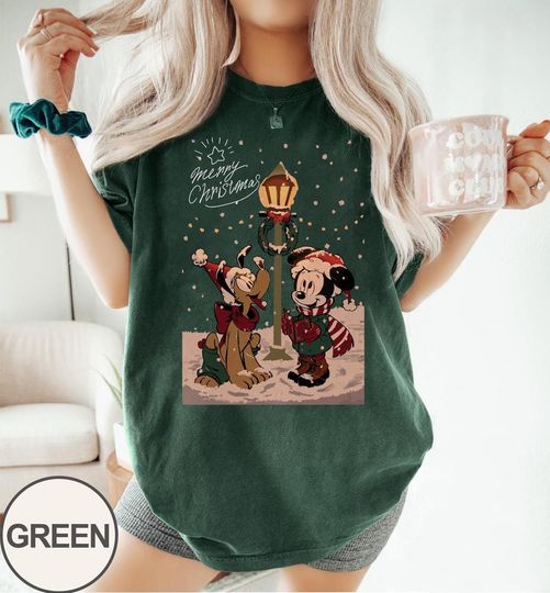 Discover Cute Santa Mickey And Pluto Christmas Lights Retro Shirt, Disney Mickey's Very Merry Xmas Party, Mickey Mouse Holiday Lights Shirt