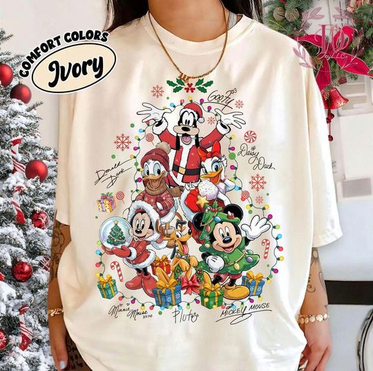 Discover Retro Mickey and Friends Signature Christmas Shirt, Disney Christmas Lights Shirt, Disney Santa Mickey Minnie Pluto Donald Daisy Tee, Xmas