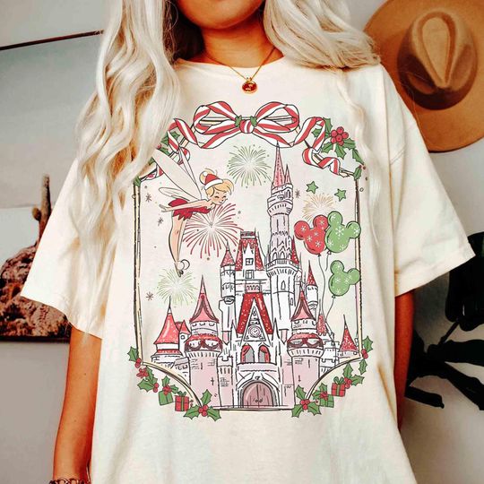 Discover Comfort Colors Retro Walt Disney World Christmas Shirt, Magic Kingdom Magical Castle Christmas Tee, Girly Disney Family Xmas Balloons Gifts