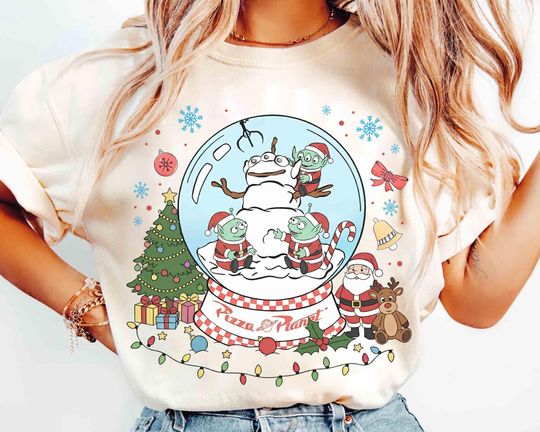 Discover Disney Aliens Toy Story Pizza Planet Globe Christmas Tee, Mickey's Very Merry Christmas Party 2025 Tee, Disneyland Family Holiday Trip Gifts