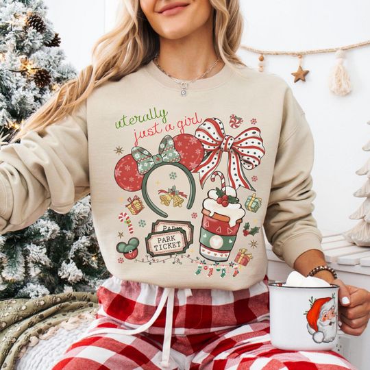 Discover Disney Literally Just A Girl Christmas Shirt Minnie Bow Coffee Tee, Disney Merry Christmas Shirt Disneyland Christmas Tee Disney Girl's Trip