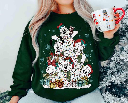 Discover Retro Mickey and Friends Snowman Christmas Tree Light Shirt, Disney Mickey's Very Merry Christmas Party Tee, WDW Family Holiday Gifts