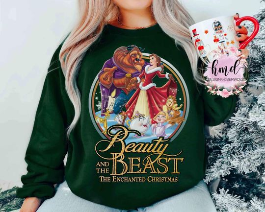 Discover Retro 90s Beauty and The Beast Enchanted Christmas Movie Vintage T-shirt, Mickey's Very Merry Xmas Tee, Disneyland Vacation Family Trip Gift