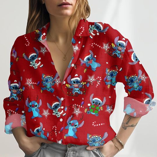 Discover Stitch Christmas Linen-Look Shirt, Santa Stitch Women Shirt, Funny Cartoon Xmas Blouse Tops,  Xmas Party Button Shirt, Xmas Women Ideas