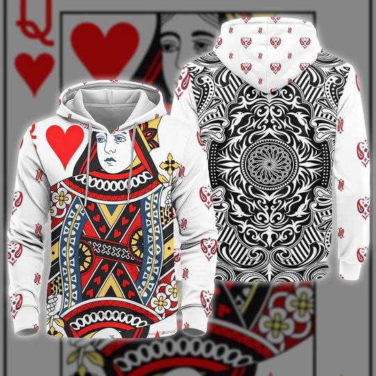 Discover Queen Of Hearts 3D Full Over Print Hoodie, Poker Queen Cosplay Sweatshirt, Playing Card Halloween Costume Hoodie, Halloween Cosplay Hoodie