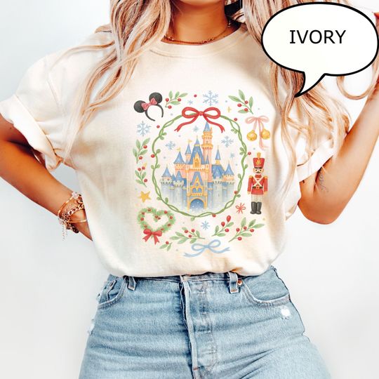 Discover Comfort Colors Disney Christmas T-Shirt, Retro Coquette Bow Xmas Shirt, Disney Castle Christmas T-Shirt, Magical Kingdom Xmas Tee