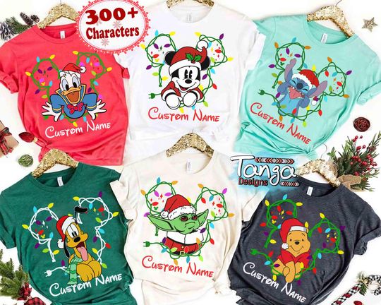 Discover Personalized Disney Mickey and Friends Christmas Family Matching T-shirt, Custom All Characters Disneyland Xmas Tee, Mickey Very Merry Xmas