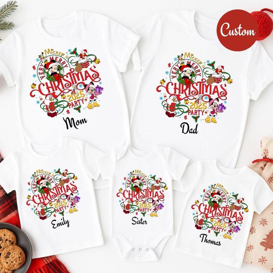 Discover Custom Disney Family Christmas Shirt, 2026 Mickeys Very Merry Shirt, Personalized Disney Character Christmas Shirt, Matching Christmas Tees