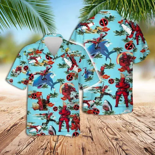 Discover Marvel Hawaiian Shirt, Deadpool Red Hibiscus Hawaiian Shirt, Cute Deadpool & Wol