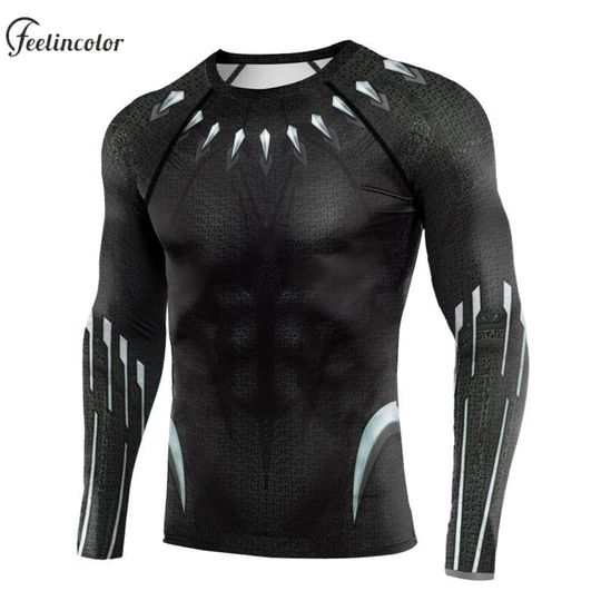 Halloween Superhero Cosplay T-Shirt for Men Panther Printed Long Sleeve Compression Shirt Breathable Male Outdoor Sportwear
