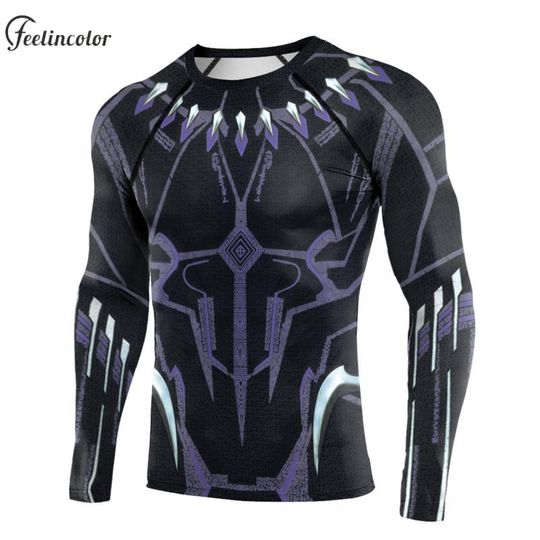 Superhero Cosplay Compression Shirt for Men Panther Printed Halloween Tops Gym Sport Breathable T-Shirt Long Sleeve Male Clothes