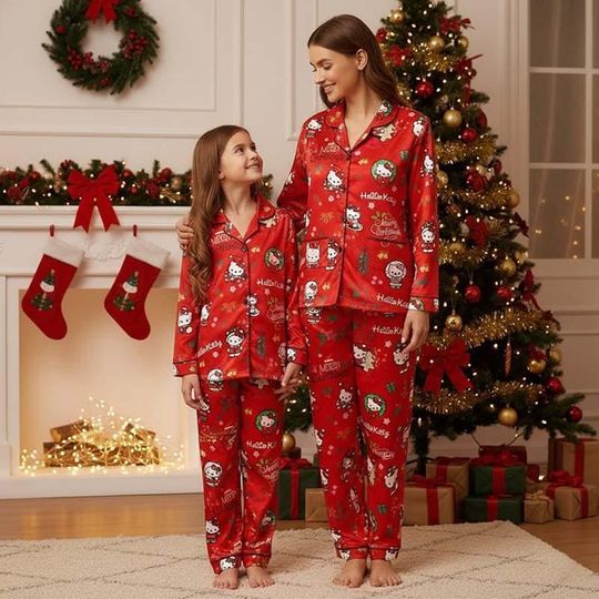 Discover Christmas Hello Kitty Pajamas Set, Kitty Cat Holiday Pajamas, Cute Kawaii Kitties Shirt, Hello Kitty Matching Pjs, Gift For Her