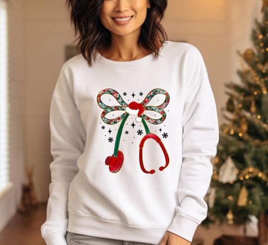 Discover Christmas Nurse Sweatshirt, Christmas Stethoscope Sweatshirt, Nurse Xmas Gift, Coquette Bow Xmas Sweater