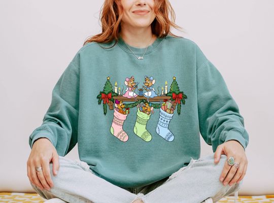 Princess Cinde Mouse Stocking Sweatshirt, Retro Jaq Gus Gus Christmas Sweatshirt, Xmas Gift, Christmas Socks Sweatshirt