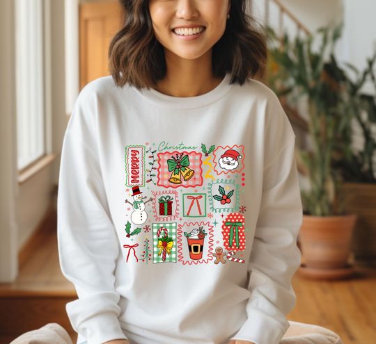 Merry Christmas Sweatshirt, Christmas Doodle Sweatshirt, Coquette Bow Christmas Sweatshirt, Retro Christmas Sweatshirt