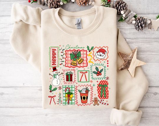 Discover Retro Christmas Sweatshirt, Coquette Bow Christmas Sweatshirt, Merry Christmas Sweatshirt, Christmas Doodle Sweatshirt
