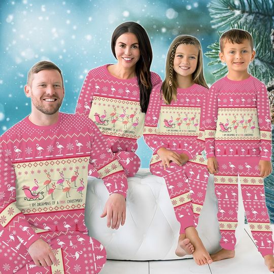 Pink Flamingo Christmas Pajamas Set, Dreaming Of A Pink Christmas Family PJs, Cute Holiday Sleepwear, Tropical Xmas Gift, Christmas Pjs