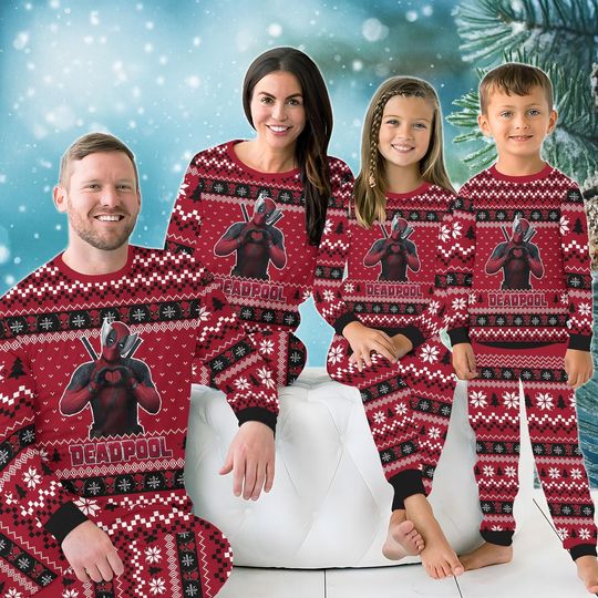 Deadpool Christmas Pajamas Set, Funny Deadpool Family Matching PJs, Red Holiday Sleepwear, Superhero Xmas Outfit Gift