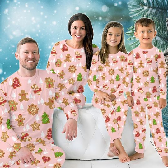 Discover Gingerbread Cookie Family Christmas Pajamas, Matching Pink Holiday Pajamas Set, Cute Christmas Sleepwear, Cute Gingerbread Kid Pjs