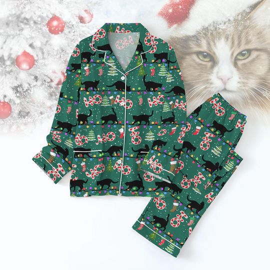 Black Cat Christmas Pajamas Set, Funny Cat Lover Holiday Sleepwear, Cute Animal Xmas PJs, Cozy Matching Family Christmas Gift