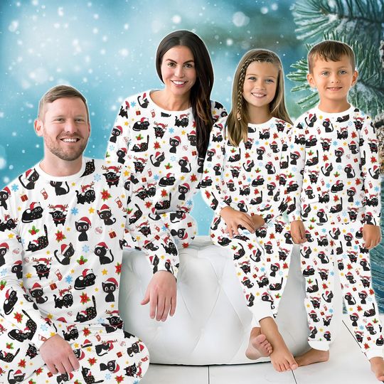 Funny Cat Christmas Pajamas Set, Black Cat Family Christmas Pajamas, Matching Family Xmas Pajamas Set, Xmas Holiday Kid Pjs