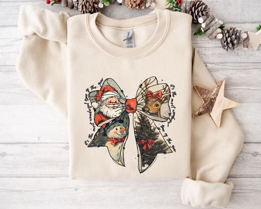 Discover Retro Santa Christmas Sweatshirt, Coquette Bow Christmas Sweatshirt, Snowman Sweatshirt, Reindeer Sweatshirt, Christmas Tree Sweatshirt