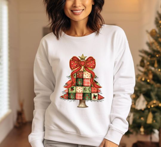 Coquette Bow Christmas Tree Sweatshirt, Patchwork Christmas Tree Sweatshirt, Xmas Gift
