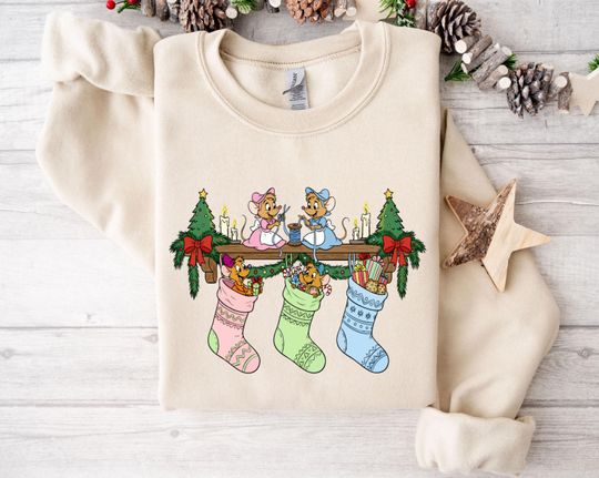 Discover Retro Jaq Gus Gus Christmas Sweatshirt, Princess Cinde Mouse Stocking Sweatshirt, Christmas Socks Sweatshirt, Disney Christmas Gift