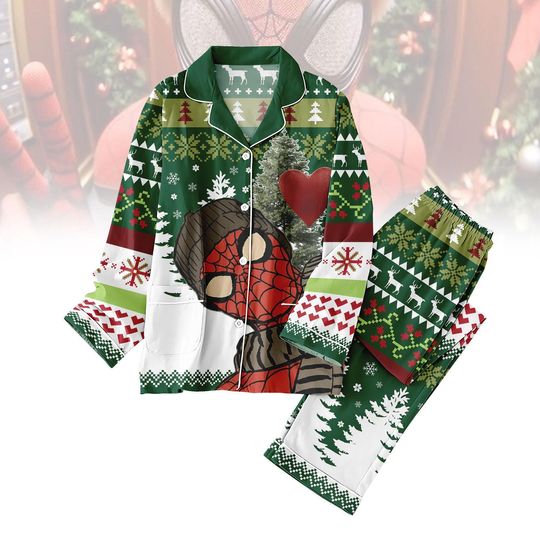 Discover Spider-Man Christmas Pajamas Set, Green Holiday Sleepwear, Funny Superhero Xmas PJs, Cozy Spider-Man Gift for Fans, Movie Xmas Gift