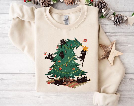 Discover Cats Christmas Tree Sweatshirt, Christmas Tree Sweatshirt, Cat Xmas Lights Sweatshirt, Holiday Sweatshirt, Cat Lover Gift, Christmas Sweater