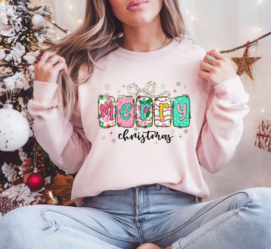 Discover Merry Christmas Sweatshirt, Retro Merry Christmas Coquette Sweatshirt, Christmas Sweatshirt, Christmas Party Sweatshirt, Holiday Sweatshirt